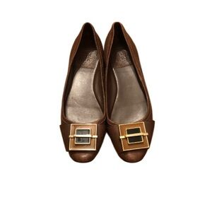 Tory Burch Brown Leather Flats with Gold Buckle Accent